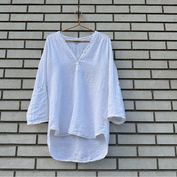 Rosemarine White Linen Roll Tab Sleeve Two Button V-Neck Shirt Blouse - Picture 1 of 11